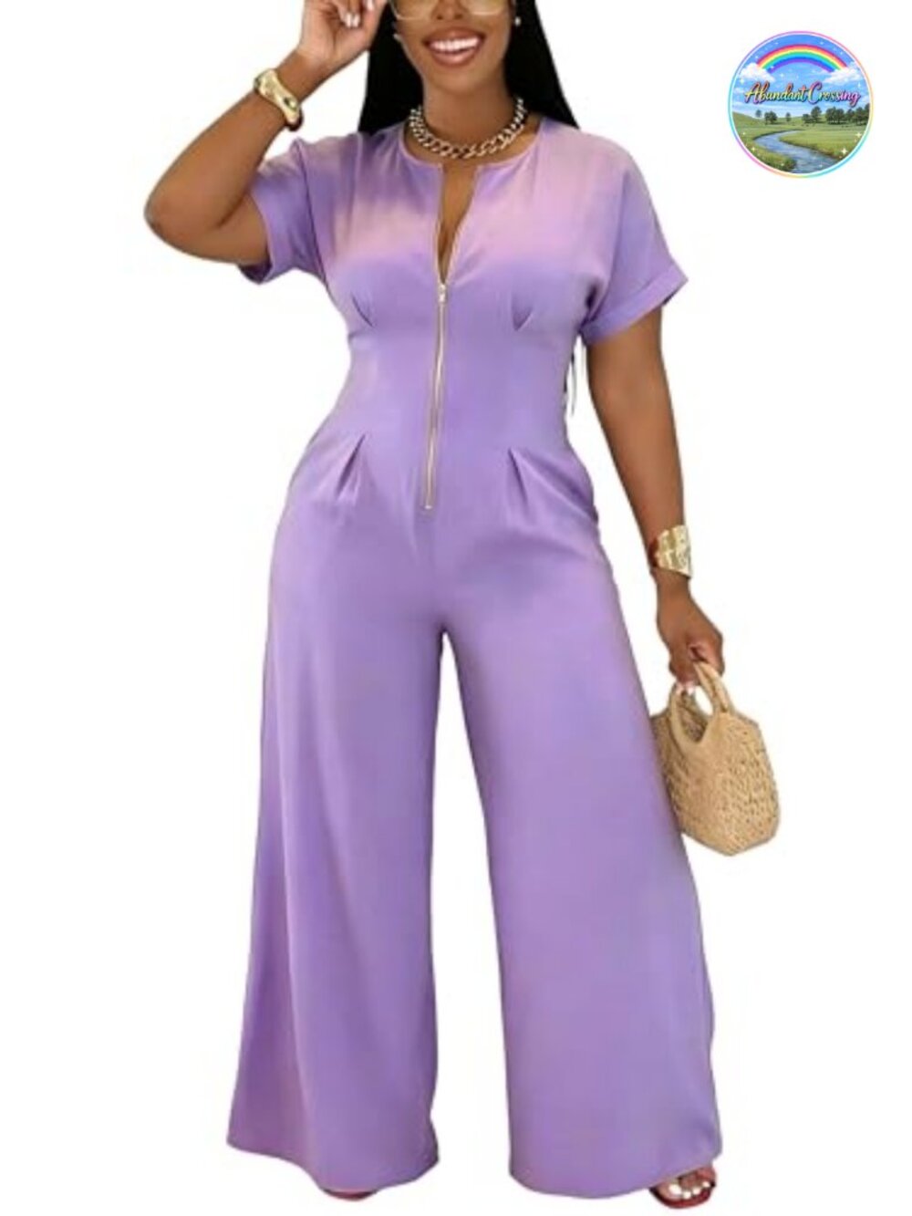 Women's Zip Up Short Sleeve Wide Leg Jumpsuit One Piece Romper